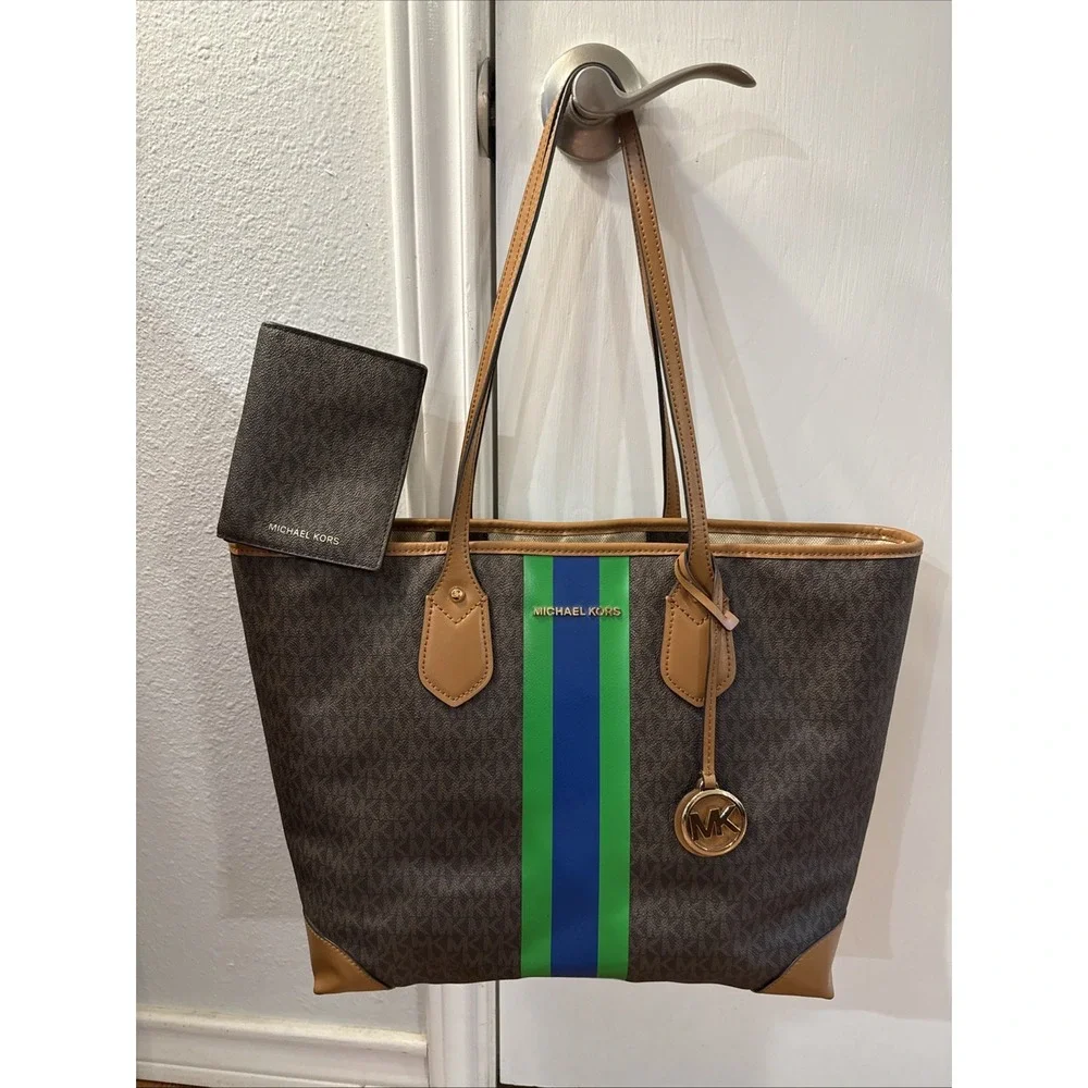 Michael Kors Eva Large Logo Stripe Tote  Multi Shoulder Bag And Wallet